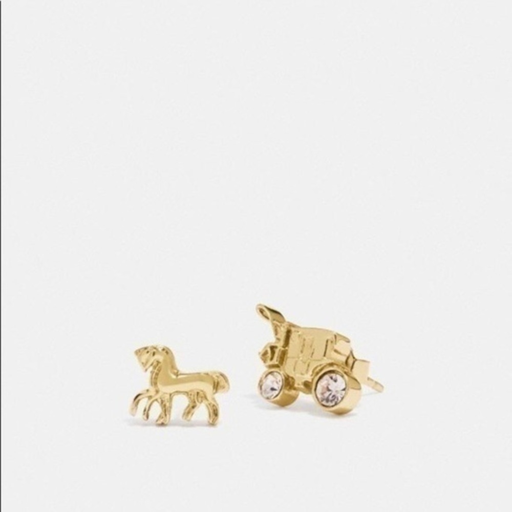 Coach Horse & Carriage Stud Earrings 14K Gold Plated Brass Logo NWT